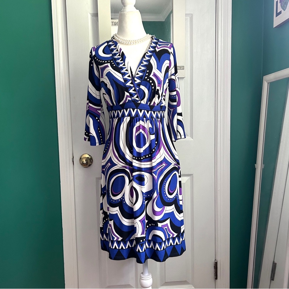 XOXO Blue and White Wrap Sundress with Bell Sleeves